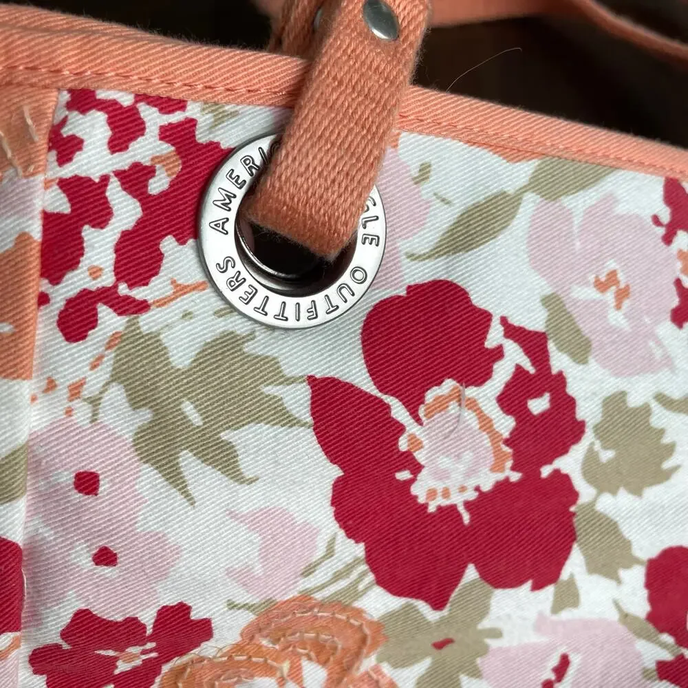 American Eagle Floral Sequined Canvas Tote Bag Cloth Shoulder Salmon Peach